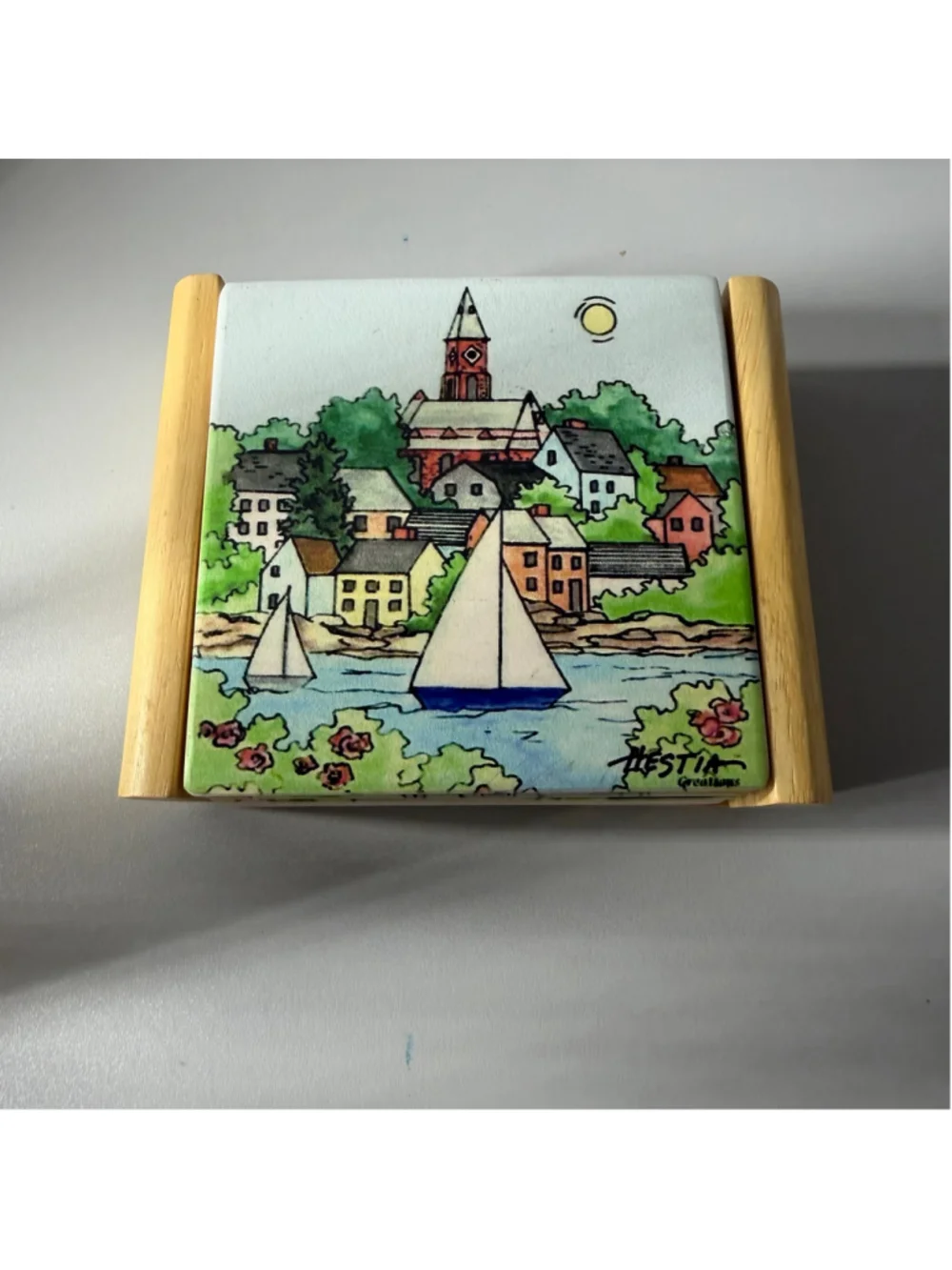 Hestia Creations Ceramic Coaster Set with Wooden Holder, One Size, Multi-color